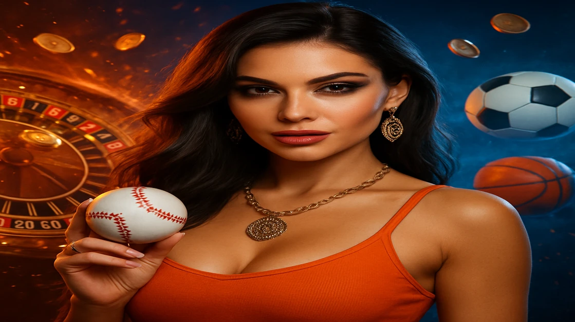 একজন দৃঢ়চেতা নারী, কমলা টপ ও ট্যাটুসহ, একটি বেসবল হাতে ধরে আছেন; চারপাশে খেলার সরঞ্জাম ও উড়ন্ত ফুটবল ছড়িয়ে রয়েছে, f999 game এর ভিজ্যুয়াল উপস্থিতি।