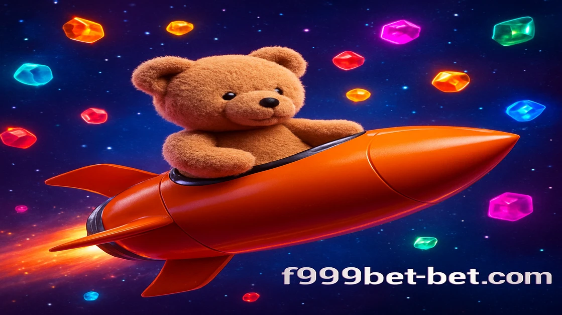 f999 game আনন্দময় এক মিষ্টি টেডি বিয়ার সোনালি রকেটে চড়ে উড়ছে; চারপাশে উড়ন্ত রঙিন ক্যান্ডি ও মিষ্টি মহাশূন্যে ছড়িয়ে ছিটিয়ে আছে।
