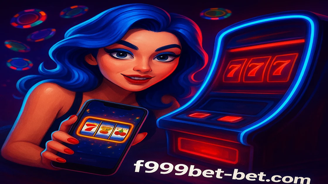 f999 game কার্টুন-স্টাইলের নারী, নীল চুল ও সোনালি টপ পরে, ফোন ধরেছেন; স্ক্রিনে একটি বিনোদন-গেম চলছে; চারপাশে রঙিন নকশা ও লগইন স্ক্রিন ছড়িয়ে আছে।